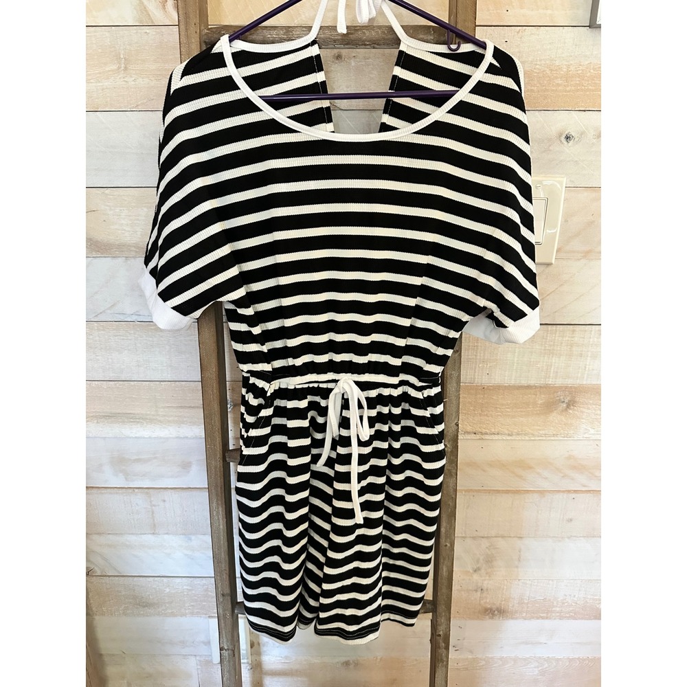 Cupshe Black White Striped Waffle Knit Mini Dress Drawstring Waist Small